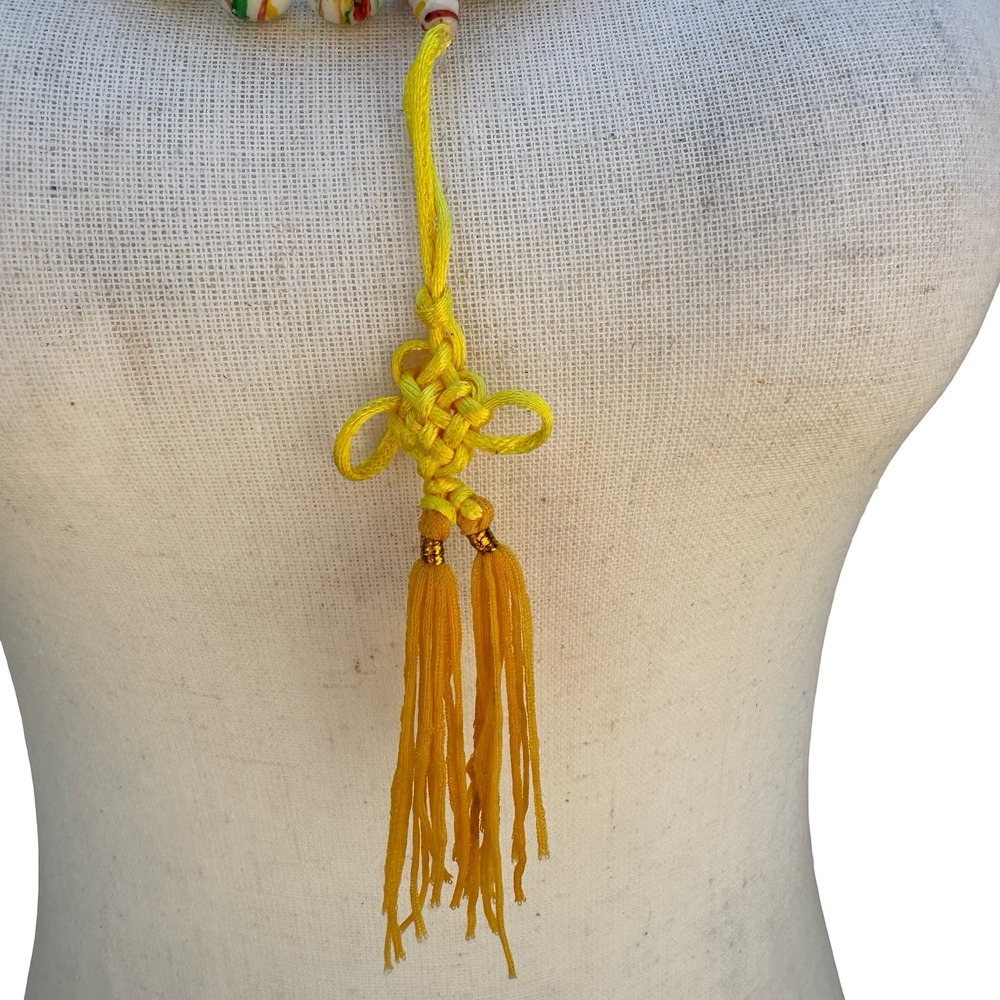 Hand Painted Striped Glass Bead Necklace Yellow Tassel Chinese Knot Multicolor - Picture 3 of 10